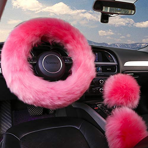 Yontree Cute Fluffy Steering Wheel Covers for Women/Girls/Ladies Australia Pure Wool 15 Inch1 Set 3 Pcs (Pink) - Image 2
